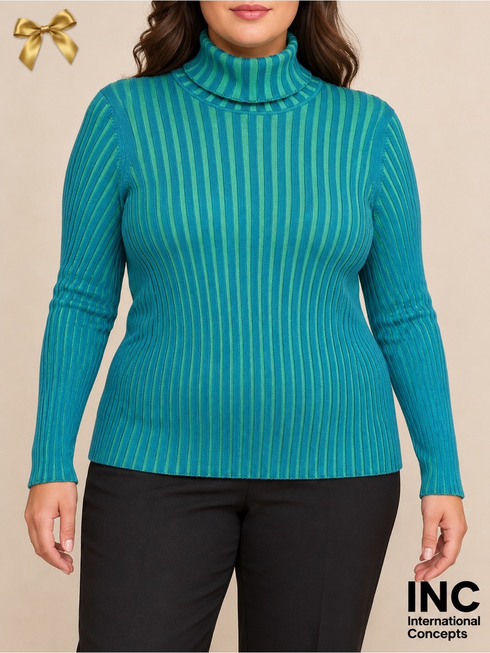 INC International Concepts Silk Blend Teal Aqua Striped Tosce Ribbed Turtleneck